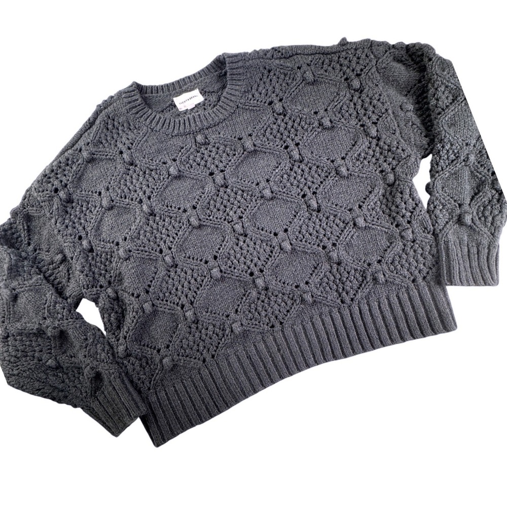 Lucky Brand Womens Gray Bobble Knit Diamond Crochet Crewneck Sweater XL boho - Picture 11 of 14